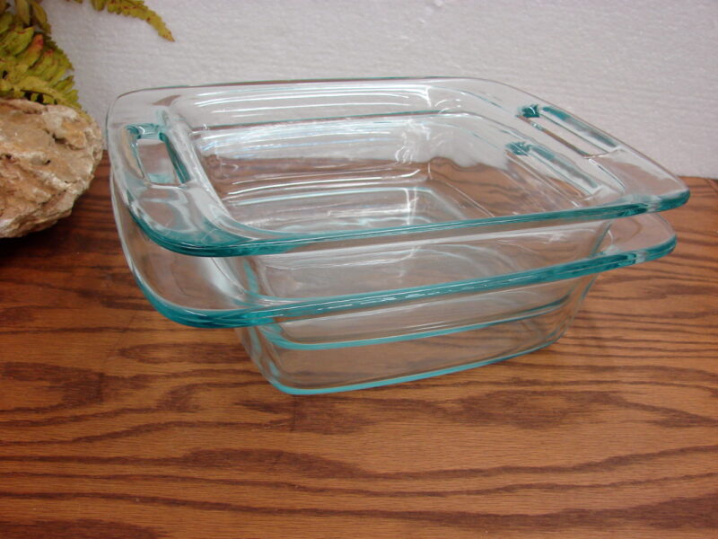 Newer Pyrex Easy Grab Blue Tint 8 x 8 2 Qt Cake Pan Large Handle Set/2, Moose-R-Us.Com Log Cabin Decor