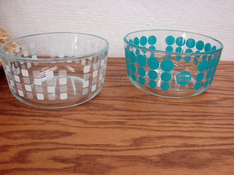 Pyrex 100th Anniversary 1915 Turquoise Dot White Square Bowls, Moose-R-Us.Com Log Cabin Decor