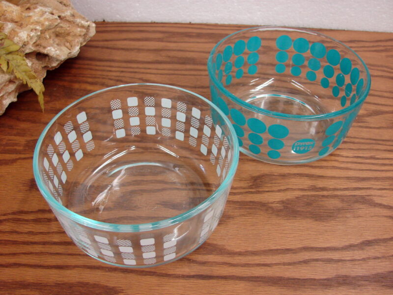 Pyrex 100th Anniversary 1915 Turquoise Dot White Square Bowls, Moose-R-Us.Com Log Cabin Decor