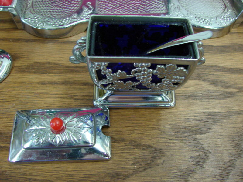 1940&#8217;s Occupied Japan Silver Grape Cobalt Blue Boxed Salt Pepper Sugar Set, Moose-R-Us.Com Log Cabin Decor