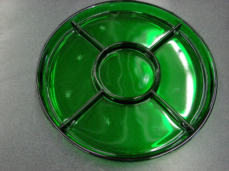 Vintage Emerald Glo Paden City 5 Part Relish Divided Tray Atomic Snowflakes, Moose-R-Us.Com Log Cabin Decor