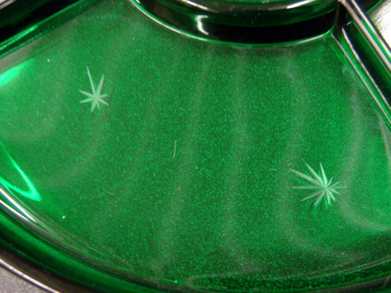 Vintage Emerald Glo Paden City 5 Part Relish Divided Tray Atomic Snowflakes, Moose-R-Us.Com Log Cabin Decor