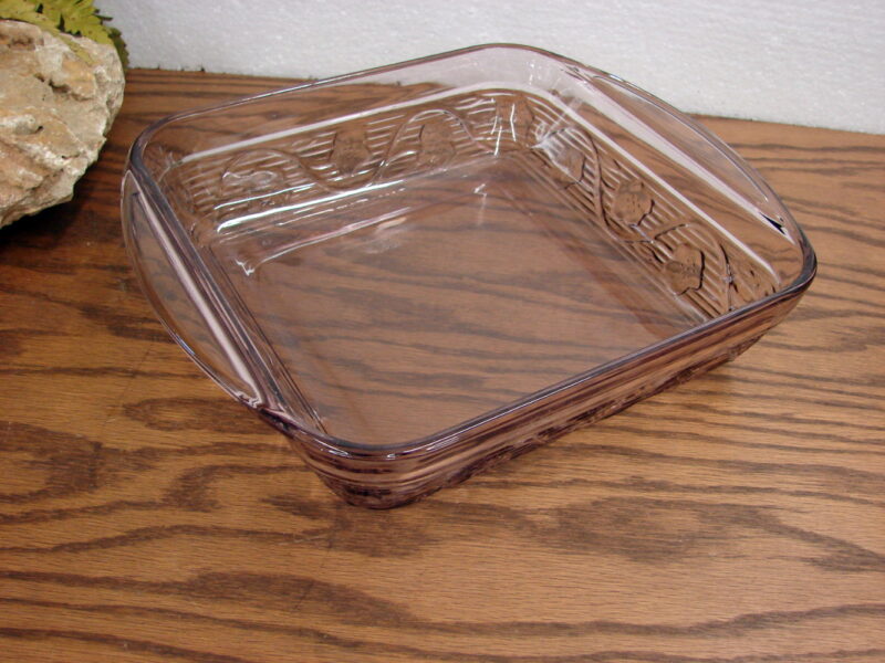 Vintage Pink Glass Square Cake Pan Flower Vine Embossed, Moose-R-Us.Com Log Cabin Decor