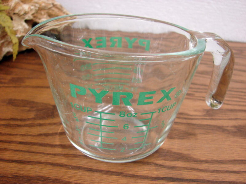 Vintage PYREX 1 Cup Green Letter Glass Measuring Cup w/ Spout, Moose-R-Us.Com Log Cabin Decor