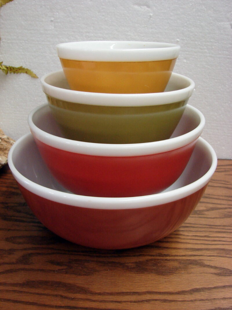 Vintage PYREX Set/4 Americana Fall Round Mixing Bowl Nest, Moose-R-Us.Com Log Cabin Decor