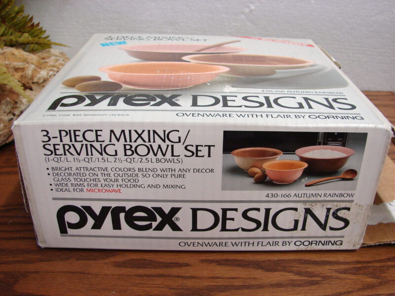 Vintage PYREX Autumn Rainbow Boxed Set/3 Round Mixing Bowls, Moose-R-Us.Com Log Cabin Decor