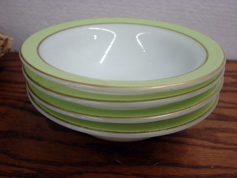 Vintage PYREX Lime Green Band Gold Trim Dinnerware 6&#8243; Berry Bowl Set/4, Moose-R-Us.Com Log Cabin Decor