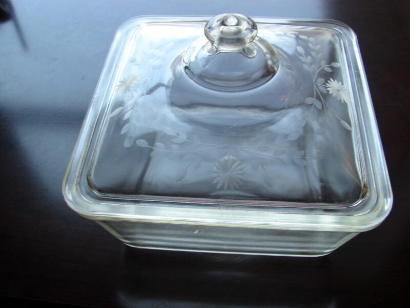 Antique 1920&#8217;s PYREX Square Etched Lid Casserole $ Logo, Moose-R-Us.Com Log Cabin Decor