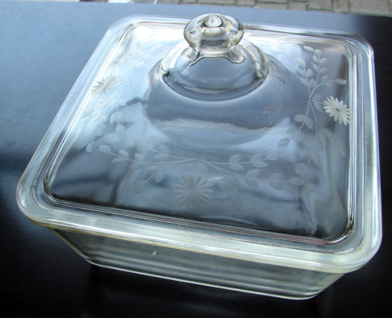 Antique 1920&#8217;s PYREX Square Etched Lid Casserole $ Logo, Moose-R-Us.Com Log Cabin Decor