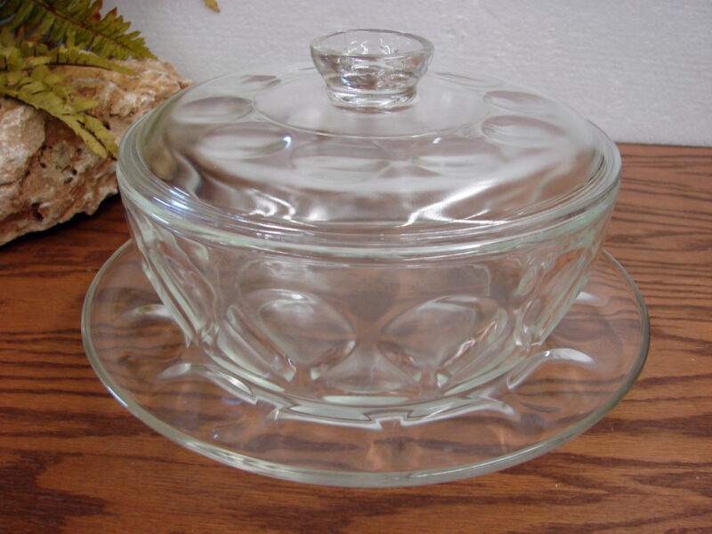 Newer Pyrex Sculptured Ovenware Thumbprint Clear Glass Bowl Casserole w/ Lid Plate, Moose-R-Us.Com Log Cabin Decor