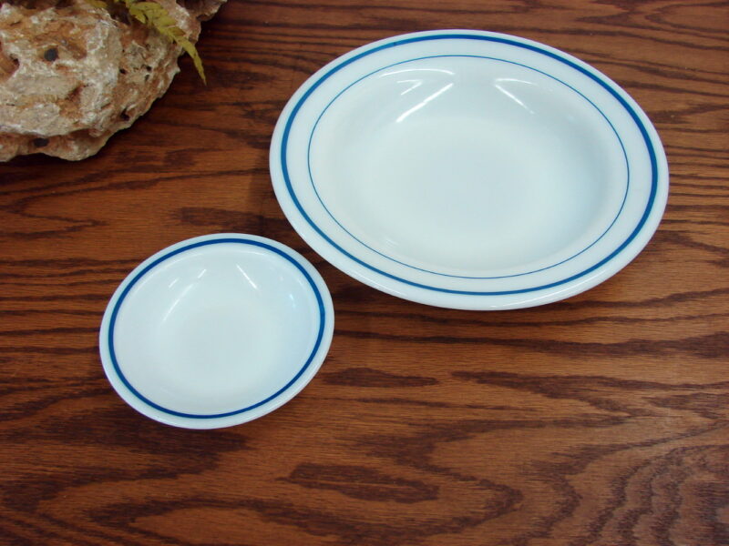 Vintage PYREX Blue Forest Green Rim Stripe Tableware Plates Bowls, Moose-R-Us.Com Log Cabin Decor