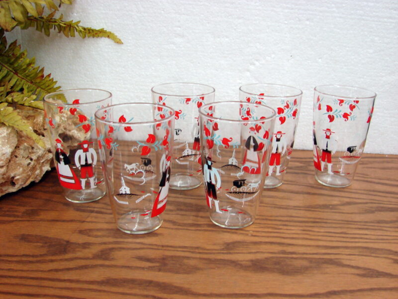 Vintage Amish Horse Buggy Church Pennsylvania Dutch Tumbler Glass Set/6, Moose-R-Us.Com Log Cabin Decor