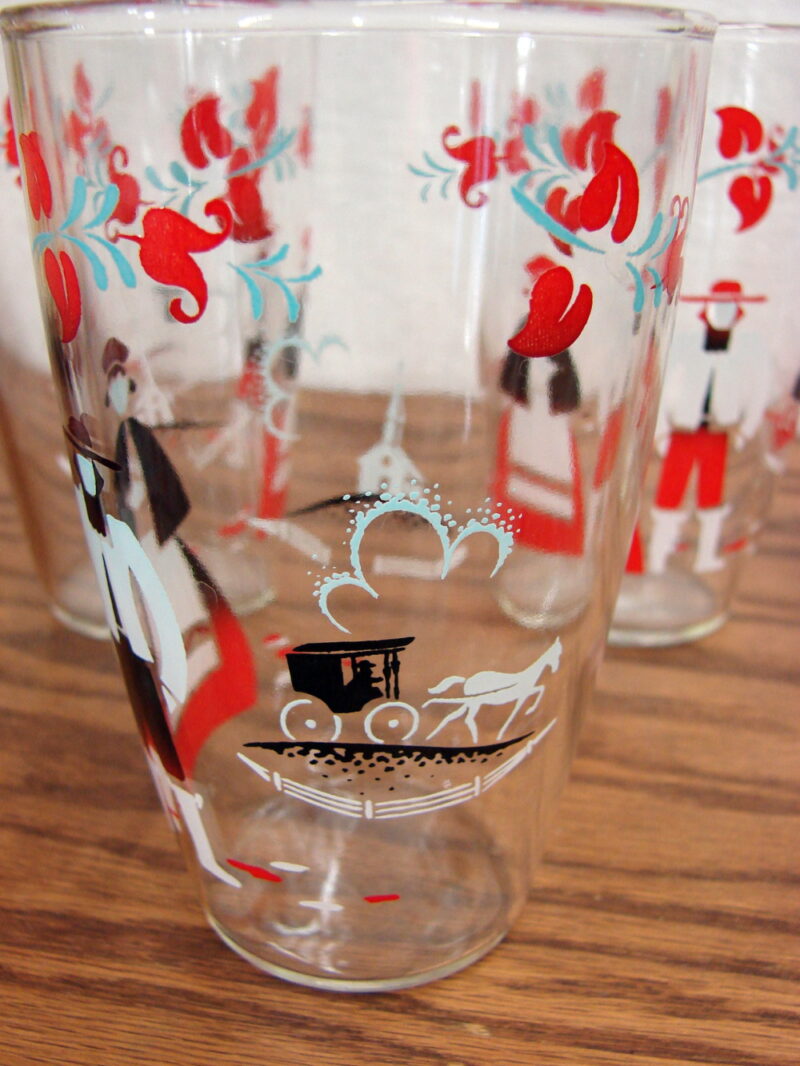 Vintage Amish Horse Buggy Church Pennsylvania Dutch Tumbler Glass Set/6, Moose-R-Us.Com Log Cabin Decor