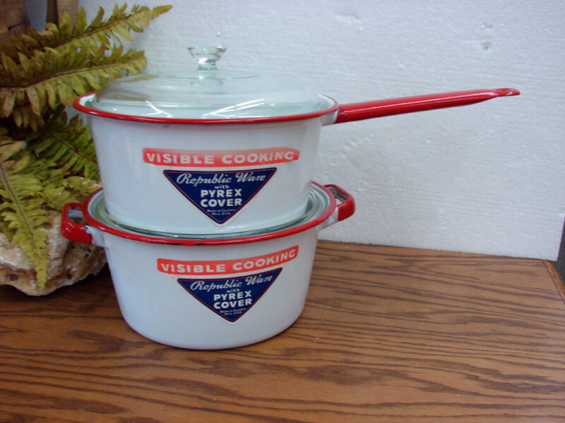 Vintage Republic Ware Enamelware Pyrex Lid Paper Label Visible Cooking, Moose-R-Us.Com Log Cabin Decor