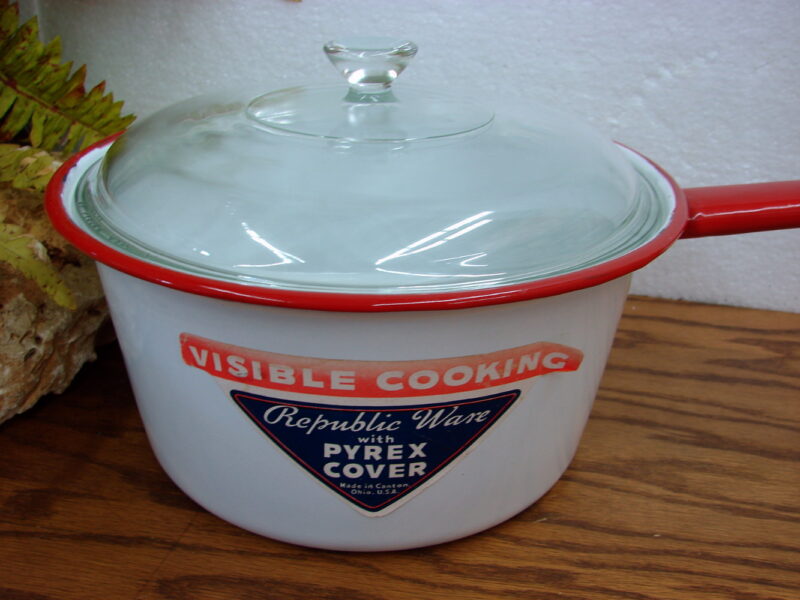 Vintage Republic Ware Enamelware Pyrex Lid Paper Label Visible Cooking, Moose-R-Us.Com Log Cabin Decor