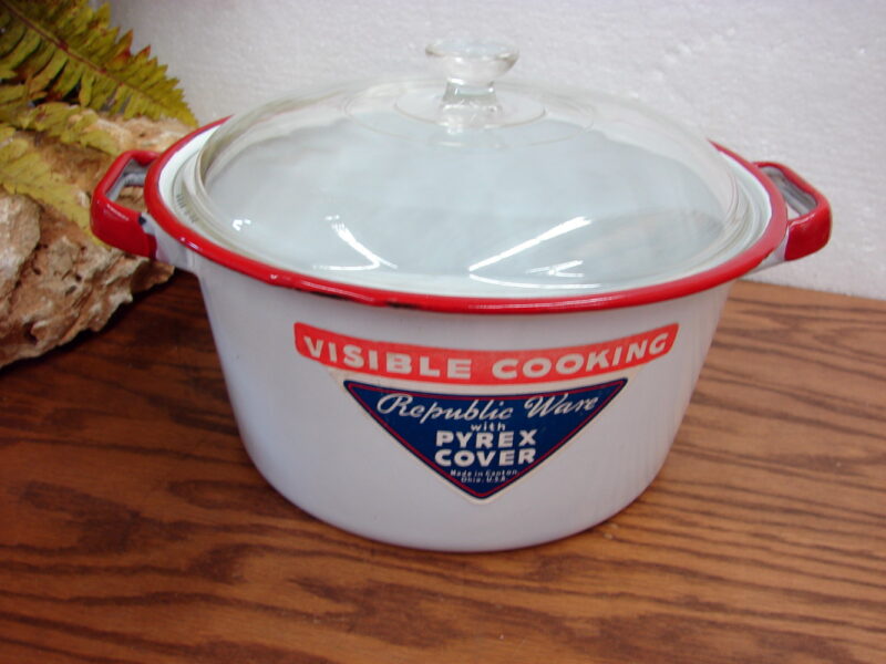 Vintage Republic Ware Enamelware Pyrex Lid Paper Label Visible Cooking, Moose-R-Us.Com Log Cabin Decor