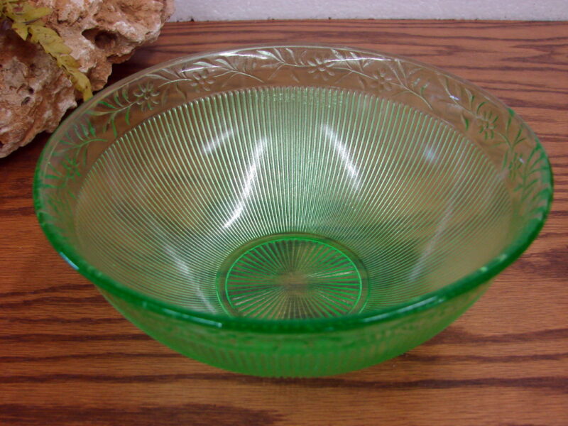 Vintage Vaseline Glass Uranium Floral Vine Ribbed Bowl, Moose-R-Us.Com Log Cabin Decor