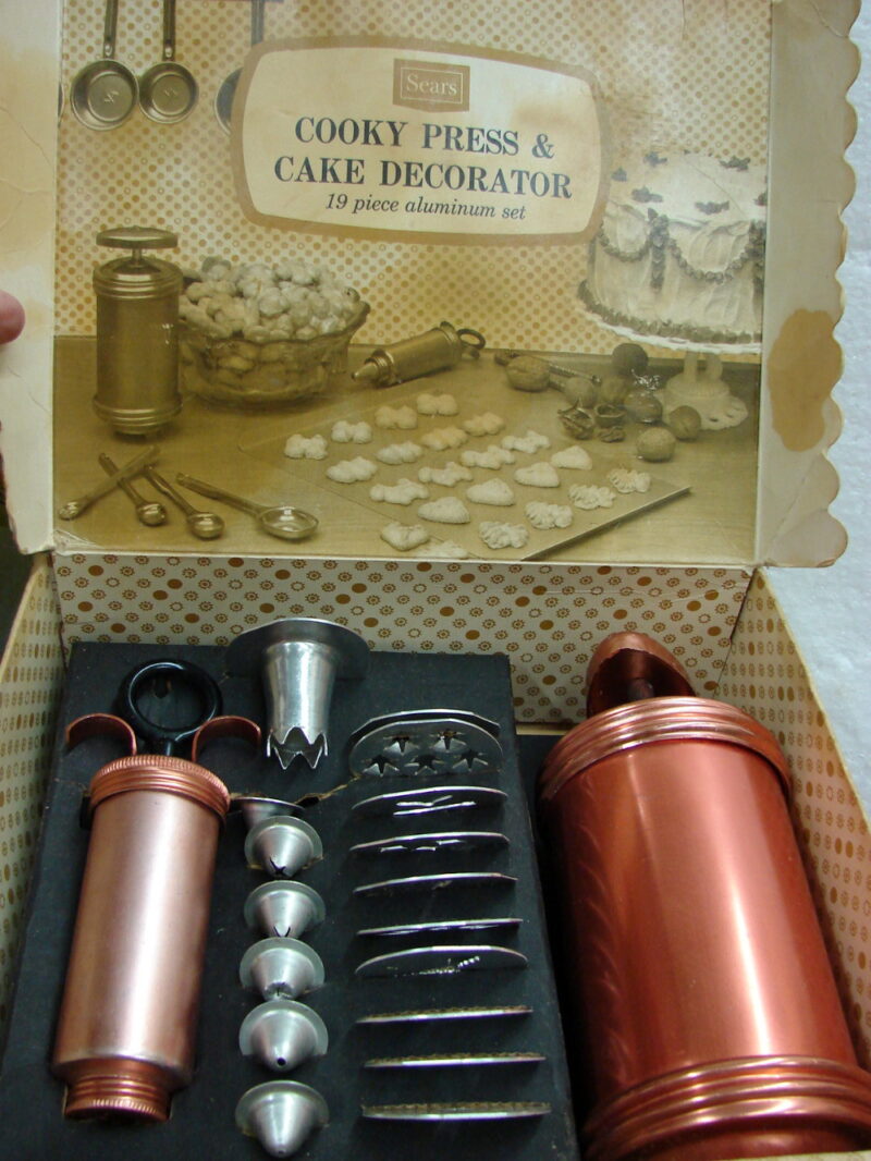 Vintage Sears Cooky Press &#038; Cake Decorator 19 Piece Vintage Aluminum Cookie Set, Moose-R-Us.Com Log Cabin Decor