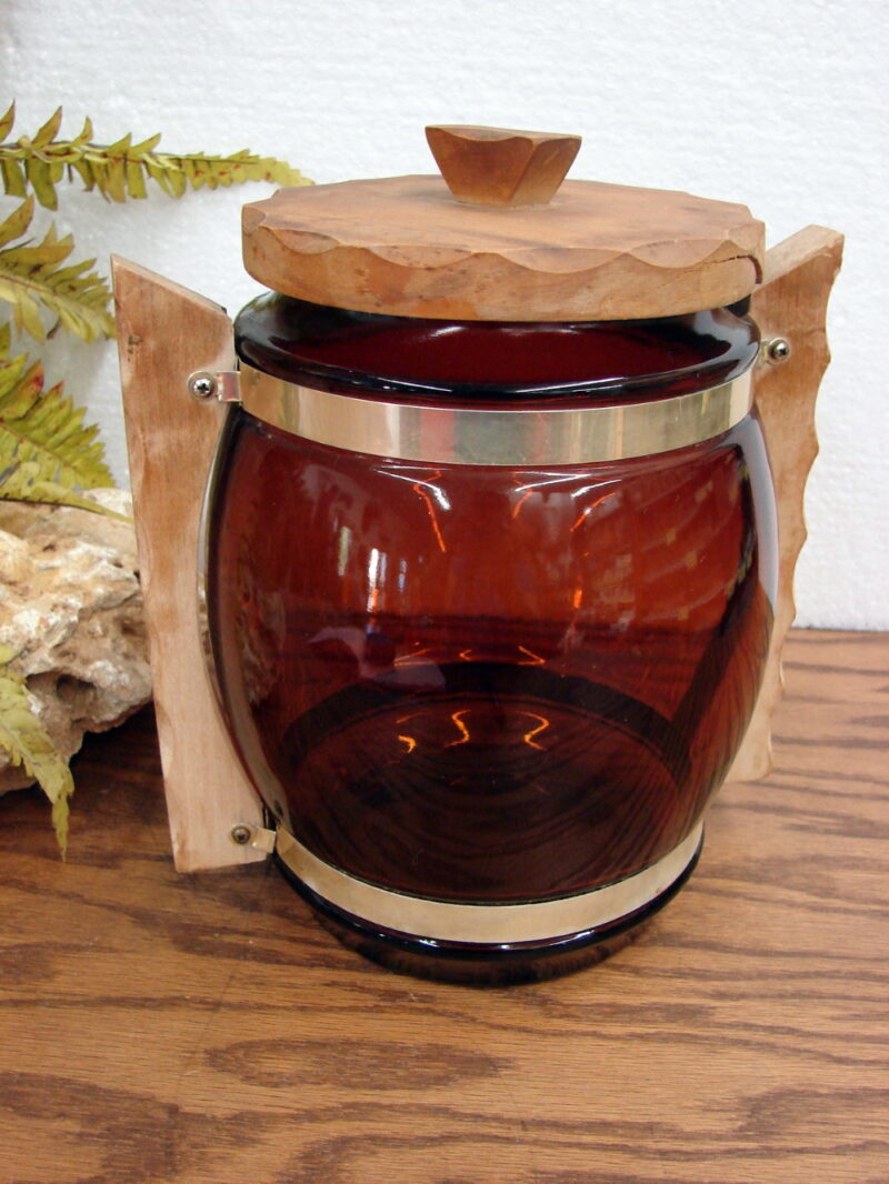 Siesta Ware Glass Brown Barrel Cookie Jar Wood Accents, Moose-R-Us.Com Log Cabin Decor