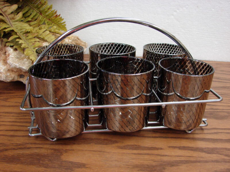 Vintage MCM Set/6 Black Mirror Geometric Old Fashion Glasses w/ Chrome Carry, Moose-R-Us.Com Log Cabin Decor