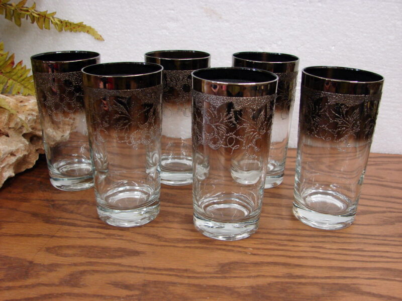 Vintage Dorothy Thorpe Highball Silver to Black Grapevine Accents Set/6, Moose-R-Us.Com Log Cabin Decor