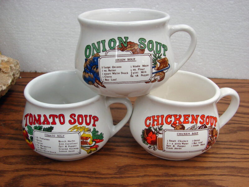 Vintage Oversized Stoneware Soup Mug Bowls w/ Recipes Set/3, Moose-R-Us.Com Log Cabin Decor