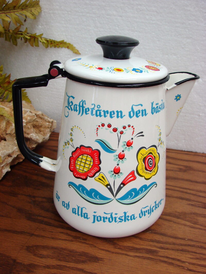 Vintage Swedish Berggren Folk Art Enamelware Coffee Pot Percolator, Moose-R-Us.Com Log Cabin Decor