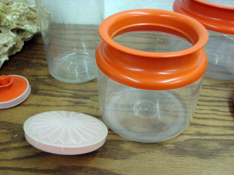 Vintage Tupperware Push Button Seal Canister Set/3 Orange Lids, Moose-R-Us.Com Log Cabin Decor