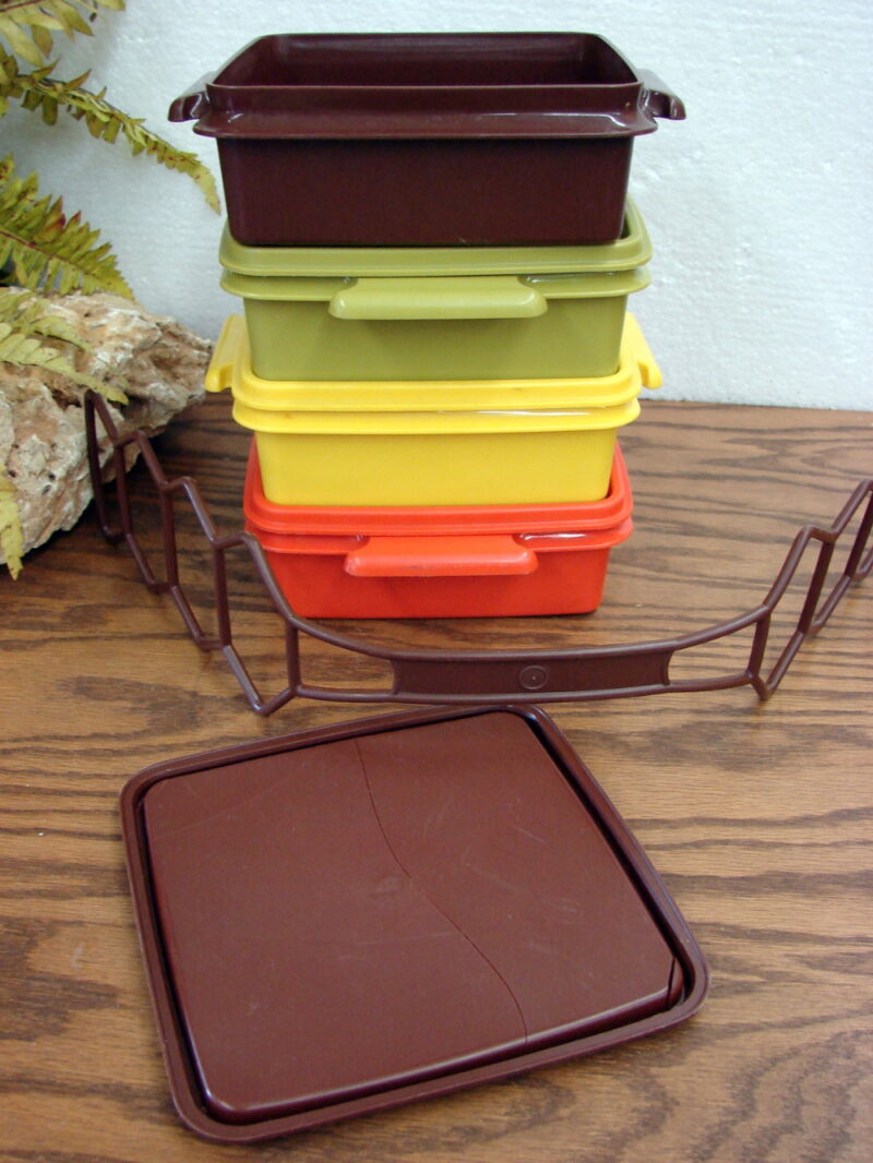 Vintage Tupperware Square Sandwich Keeper Set/4 Harvest Colors w/ Strap, Moose-R-Us.Com Log Cabin Decor
