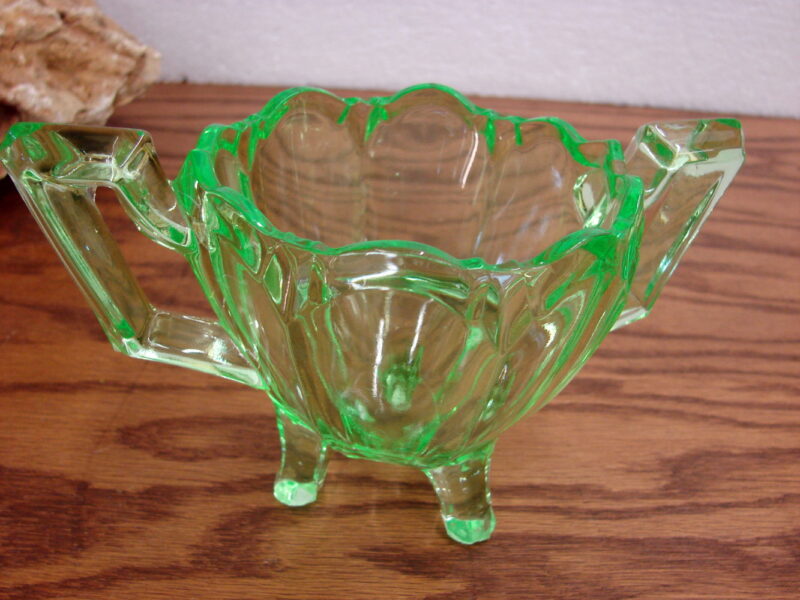 Vintage Vaseline Glass Uranium Double Handle Footed Sugar Bowl, Moose-R-Us.Com Log Cabin Decor