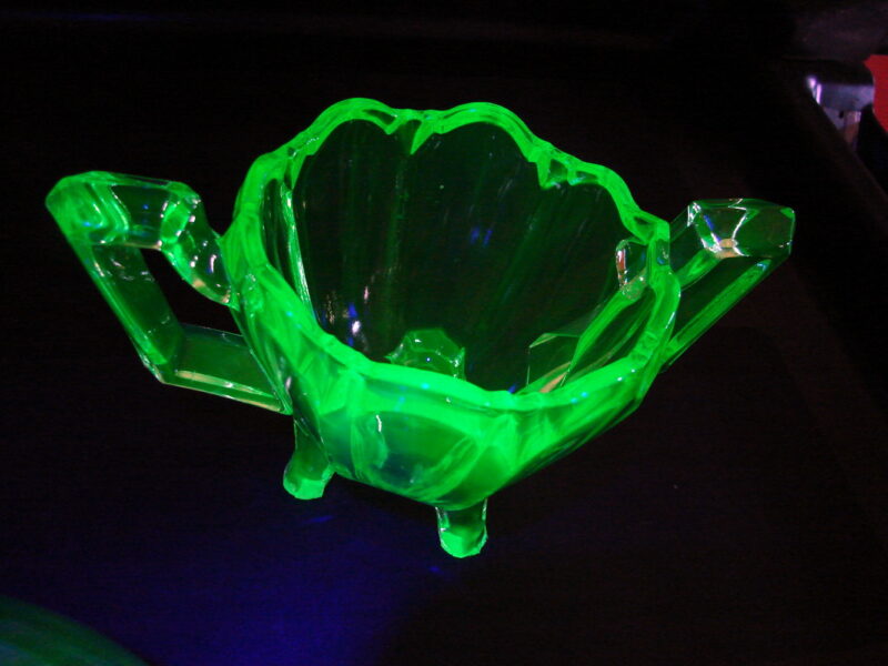 Vintage Vaseline Glass Uranium Double Handle Footed Sugar Bowl, Moose-R-Us.Com Log Cabin Decor