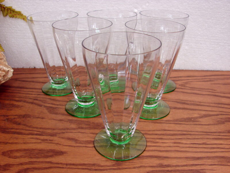 Vintage Vaseline Glass Uranium Pilsner Glass Subtle Rib Set/6, Moose-R-Us.Com Log Cabin Decor