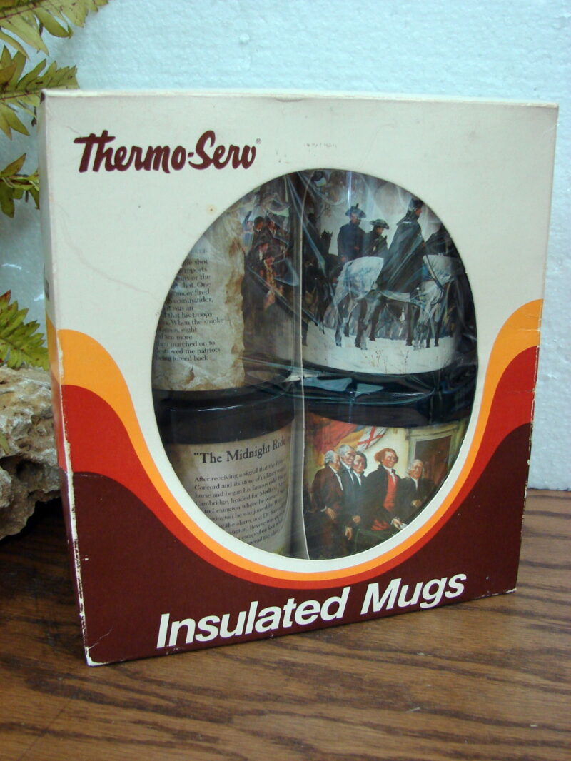 Vintage West Bend Thermo-Serv Boxed Set American History 4 10 oz Insulated Mugs, Moose-R-Us.Com Log Cabin Decor