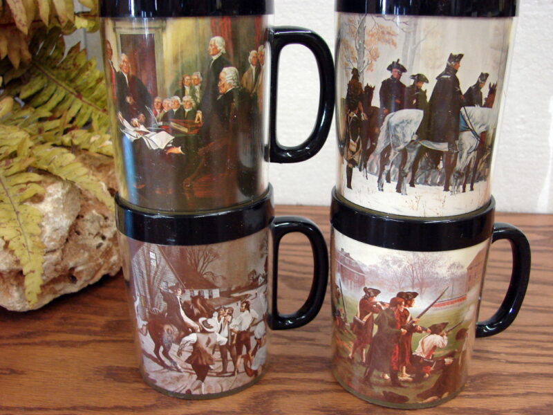 Vintage West Bend Thermo-Serv Boxed Set American History 4 10 oz Insulated Mugs, Moose-R-Us.Com Log Cabin Decor