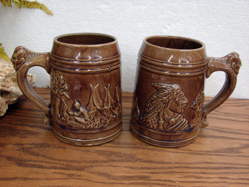 Vintage Western Stoneware Old Sleepy Eye Stein Brown Mug Set/2, Moose-R-Us.Com Log Cabin Decor