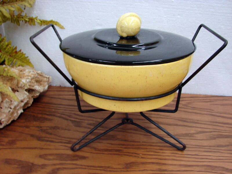 Vintage MCM Pottery Space Age Yellow Black Casserole w/ Tri-Leg Chafing Stand, Moose-R-Us.Com Log Cabin Decor
