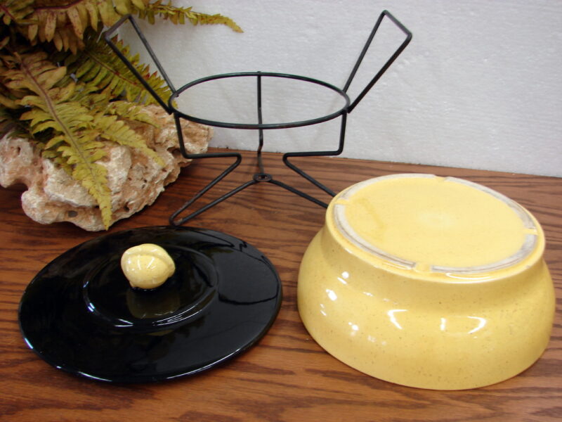 Vintage MCM Pottery Space Age Yellow Black Casserole w/ Tri-Leg Chafing Stand, Moose-R-Us.Com Log Cabin Decor
