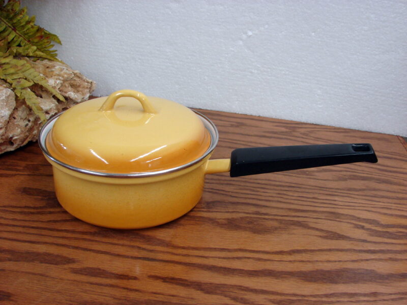 Vintage Enamelware Porcleain Yellow Fade Brown Sauce Pan 7&#8243;, Moose-R-Us.Com Log Cabin Decor