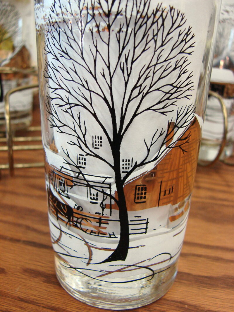 Vintage Libbey Gold Barn Winter Scene Trees Horse Set/8 Tumblers in Carrier, Moose-R-Us.Com Log Cabin Decor