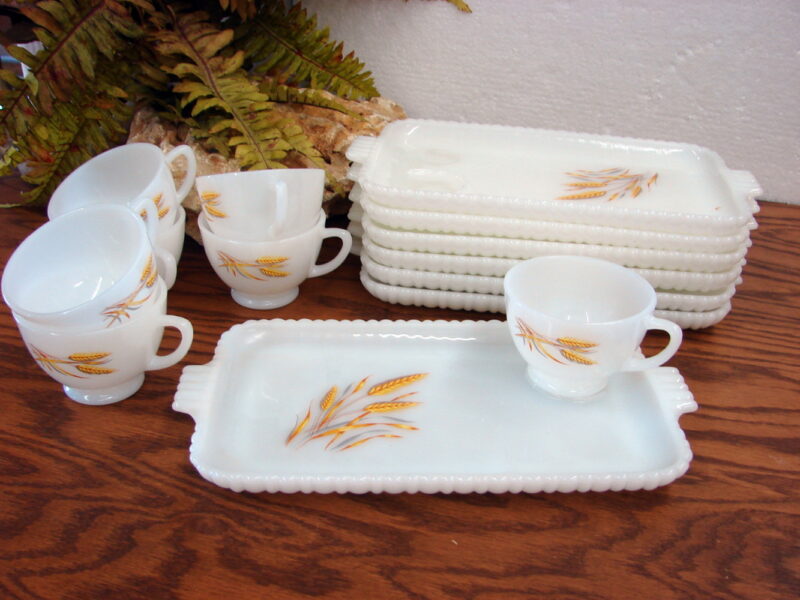 Vintage Retro Anchor Hocking Fire King Milk Glass Wheat 14 pc Snack Set, Moose-R-Us.Com Log Cabin Decor