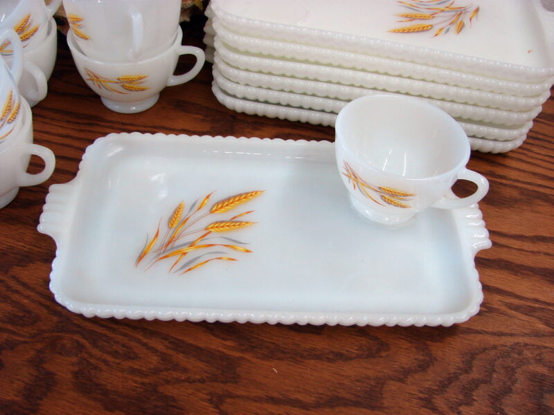 Vintage Retro Anchor Hocking Fire King Milk Glass Wheat 14 pc Snack Set, Moose-R-Us.Com Log Cabin Decor