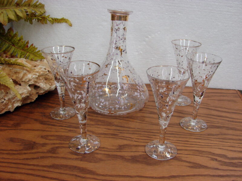 Vintage MCM 22kt Confetti Wine Glasses Ewer Gold White Purple Fleck Set Barware, Moose-R-Us.Com Log Cabin Decor