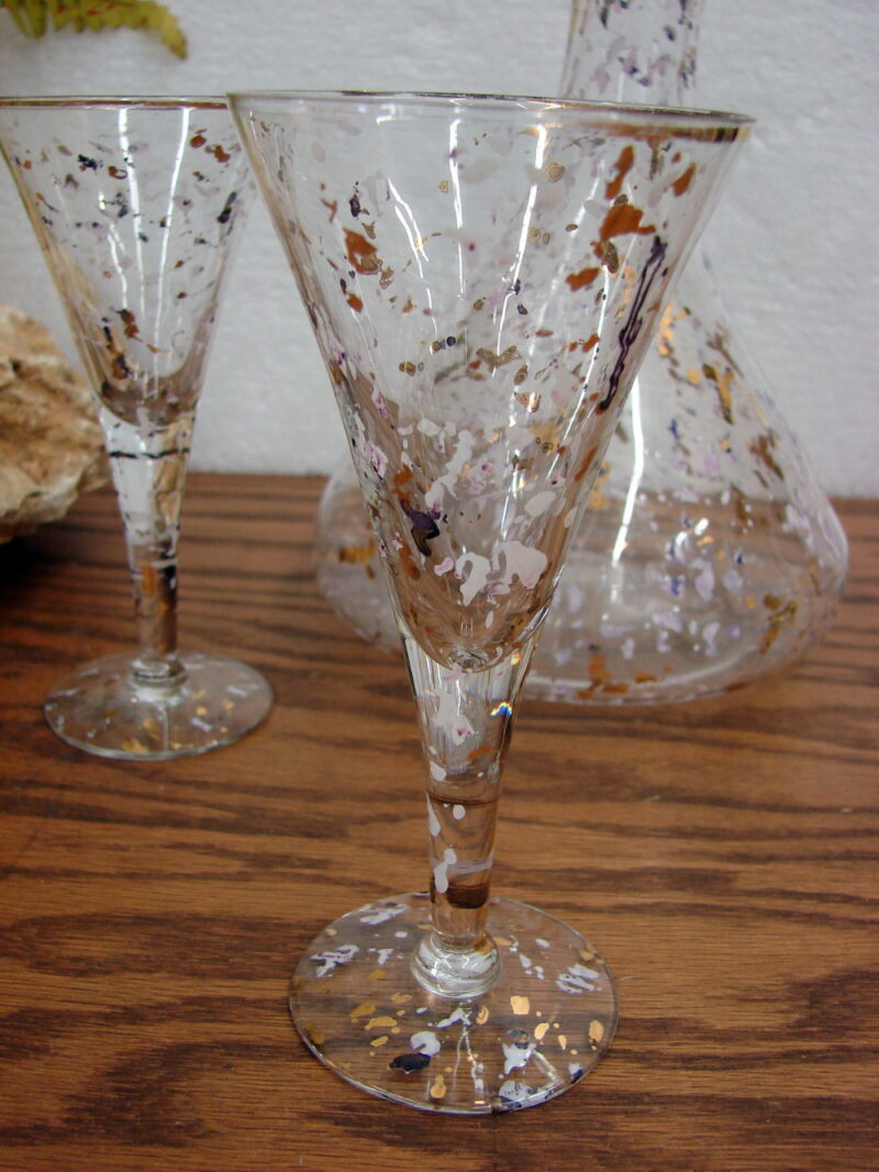 Vintage MCM 22kt Confetti Wine Glasses Ewer Gold White Purple Fleck Set Barware, Moose-R-Us.Com Log Cabin Decor