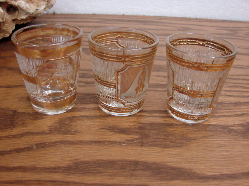 Vintage Culver Gold Souvenir Shot Glass Set/3 NASA Ft McHenry Las Vegas, Moose-R-Us.Com Log Cabin Decor