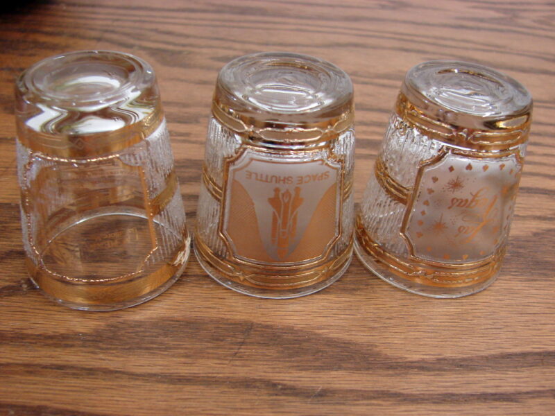 Vintage Culver Gold Souvenir Shot Glass Set/3 NASA Ft McHenry Las Vegas, Moose-R-Us.Com Log Cabin Decor