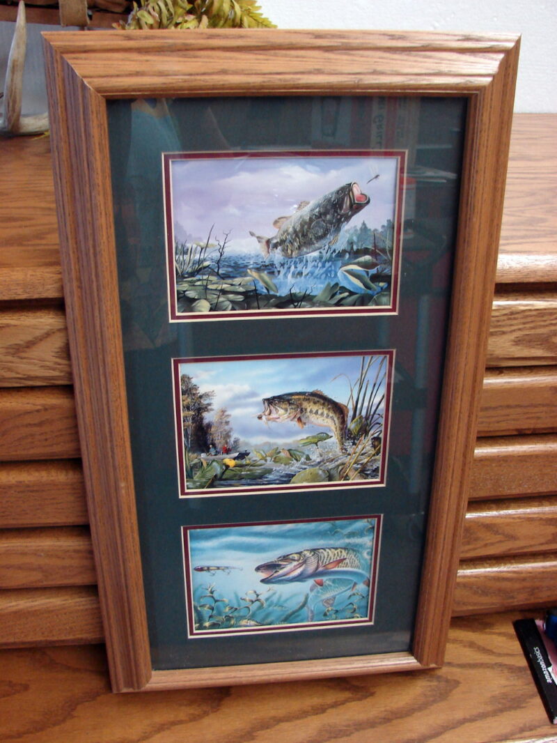 Terry Doughty Oak Framed Matted Fish Trio Walleye Bass Musky Northern Pike, Moose-R-Us.Com Log Cabin Decor