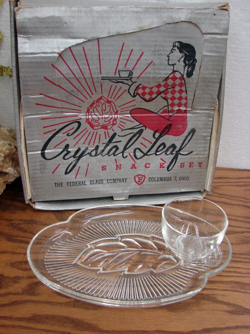 Vintage Federal Glass Crystal Leaf Snack Set 8 pc w/ Box, Moose-R-Us.Com Log Cabin Decor