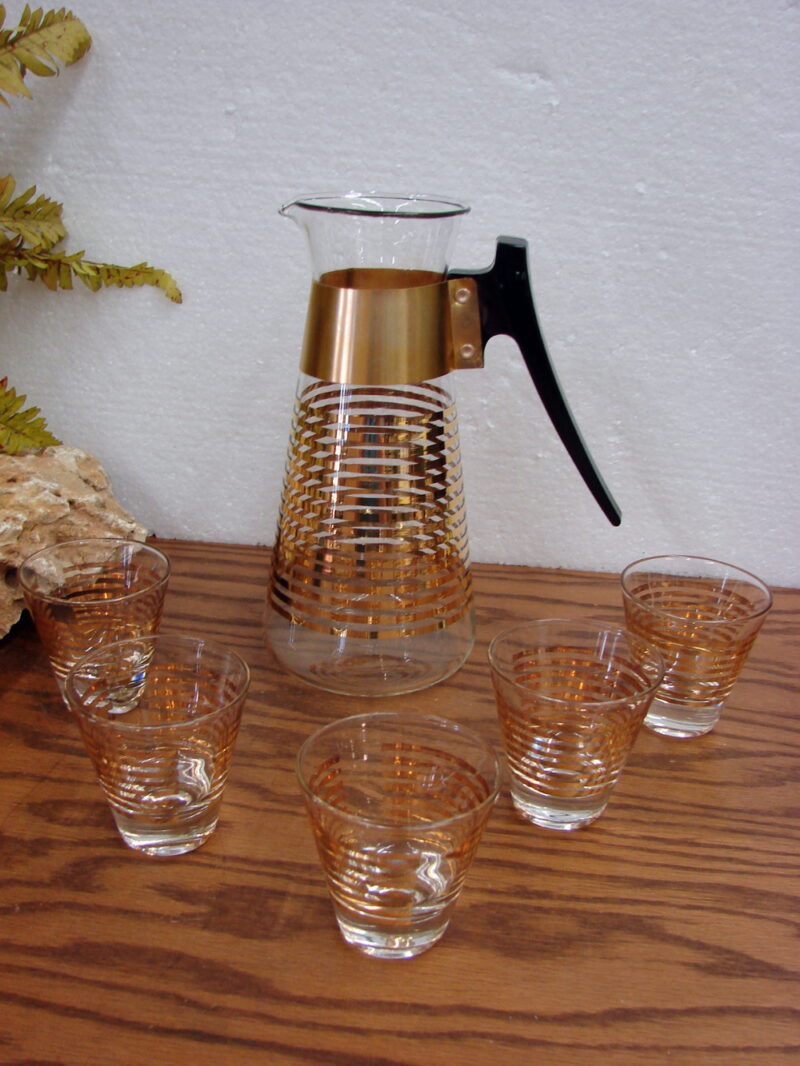 Vintage MCM Gold Stripe Carafe Barware Shot Glass Set Bar Cart, Moose-R-Us.Com Log Cabin Decor