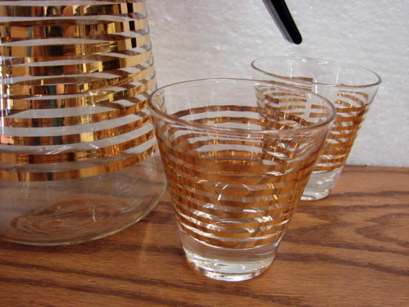 Vintage MCM Gold Stripe Carafe Barware Shot Glass Set Bar Cart, Moose-R-Us.Com Log Cabin Decor