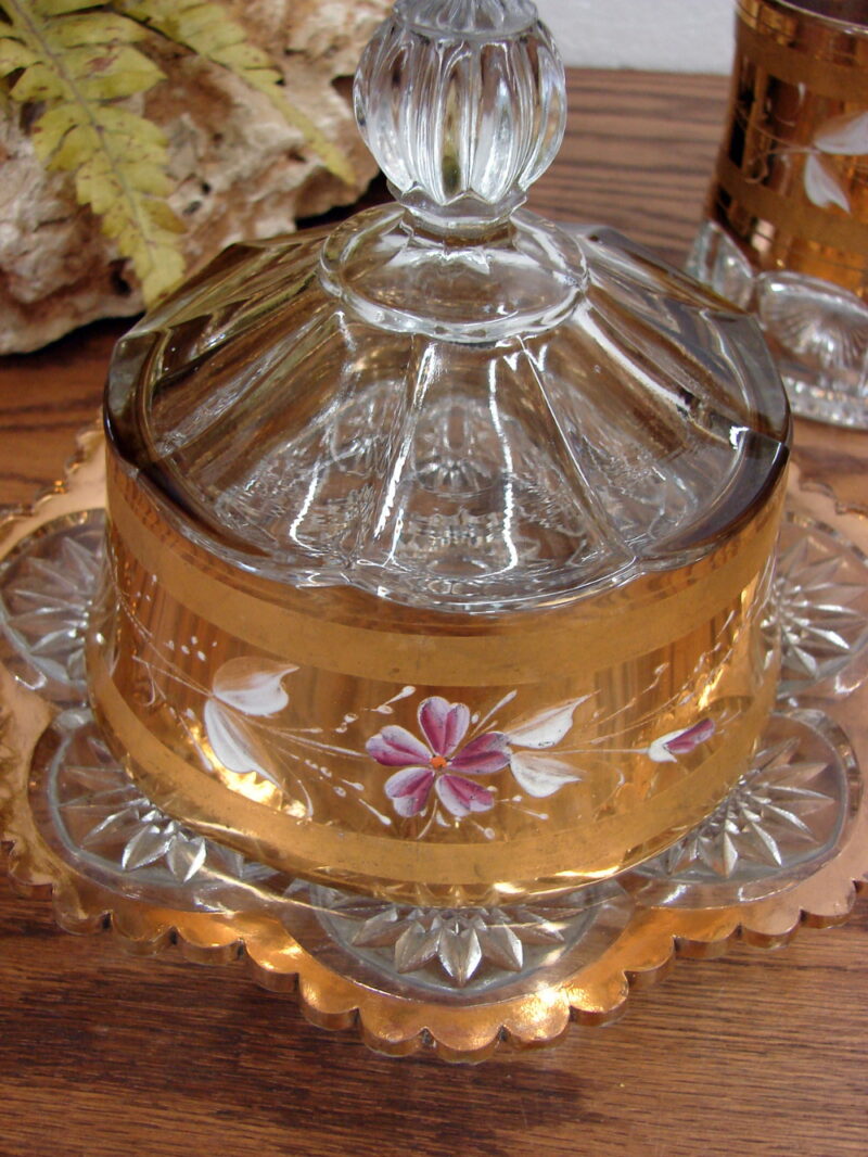 Vintage MCM 24kt Gold Pink White Flower Sugar Creamer Spooner Butter w/ Lid Set, Moose-R-Us.Com Log Cabin Decor